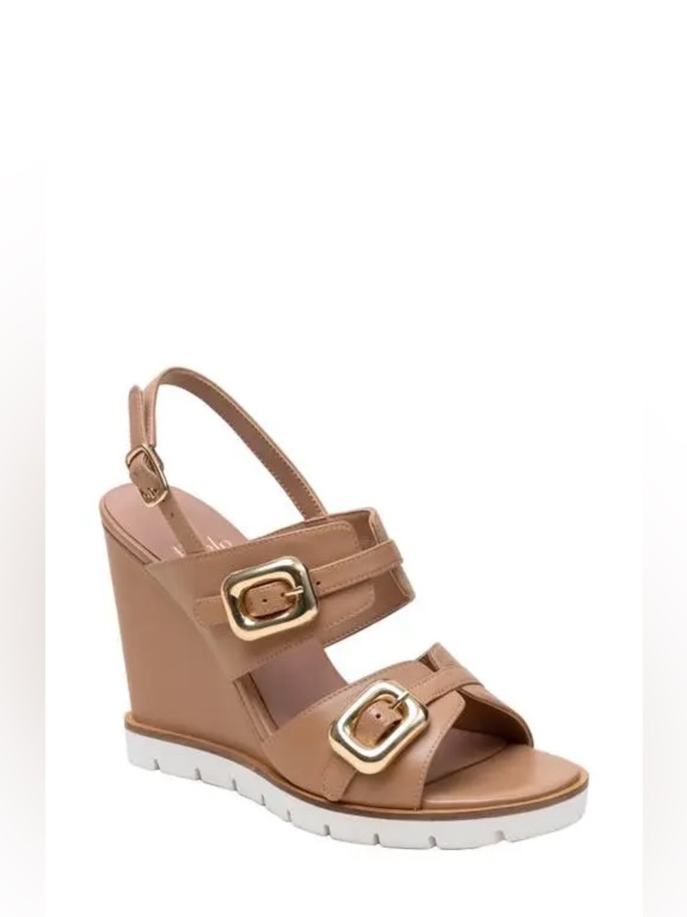Linea Paolo Elvie Slingback Wedge Sandal in Desert/Tan with Gold Buckles Size 9